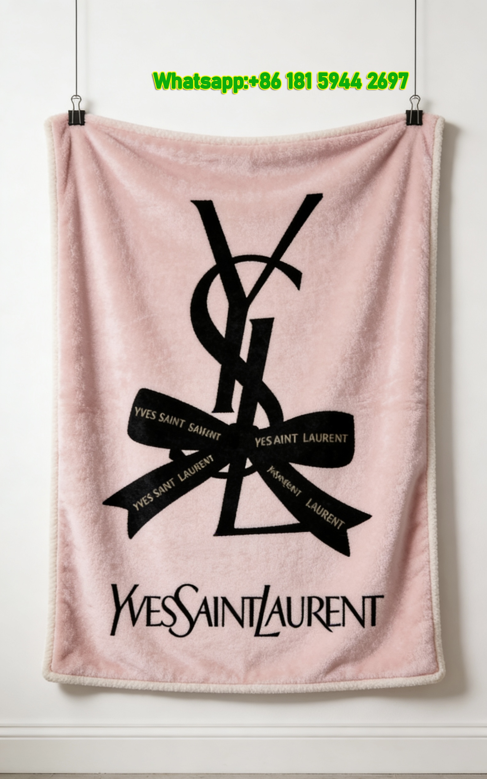 Yves Saint Laurent YSL Light Pink Black Bow Logo Print Flannel Sofa Throw Blanket Luxury Fashion Decor Blanket IMG_3231